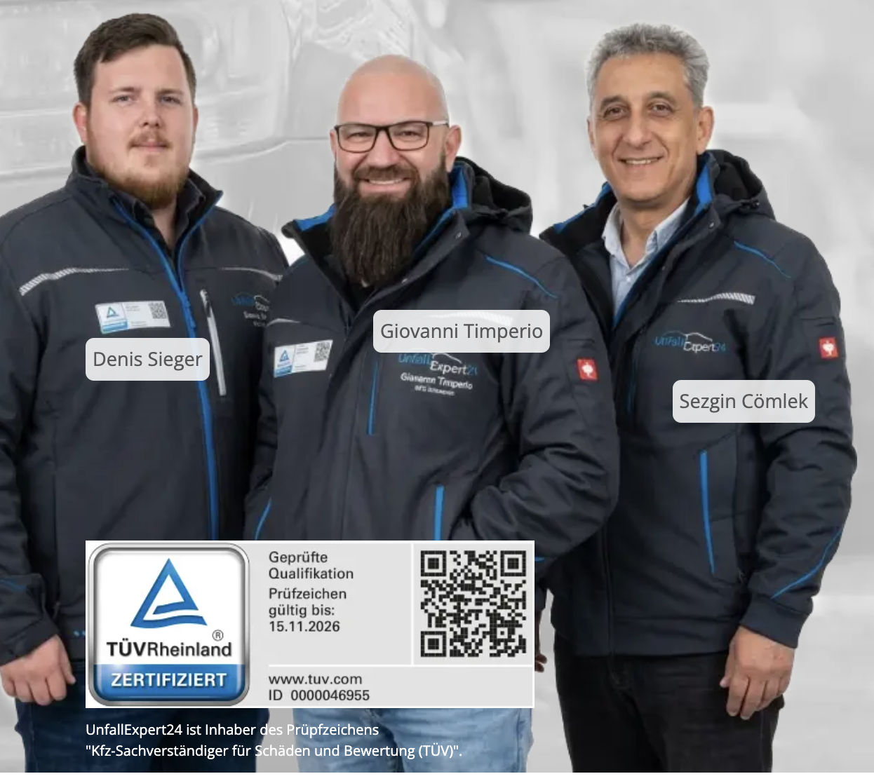 Das Team von UnfallExpert24: Denis Sieger, Giovanni Timperio und Sezgin Cömlek – Inhaber des TÜV-Prüfzeichens KFZ-Sachverständiger für Schäden und Bewertung